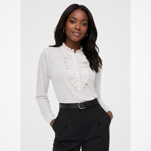 LOFT Tops - LOFT Cream Eyelet Lace Ruffle Henley Top‎ Long Sleeve Cotton L Cottagecore 58-22